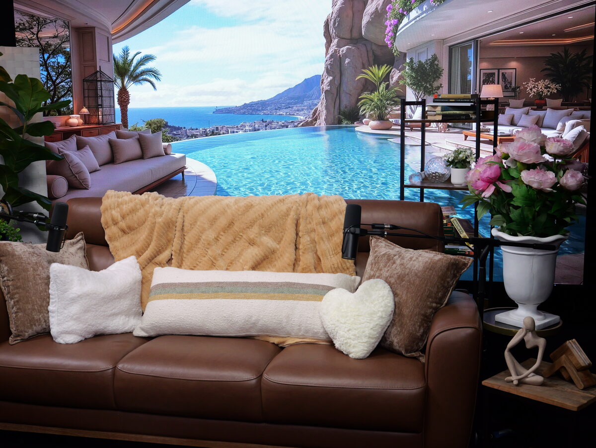 Lounge studio couch with LED wall scenic backdrop