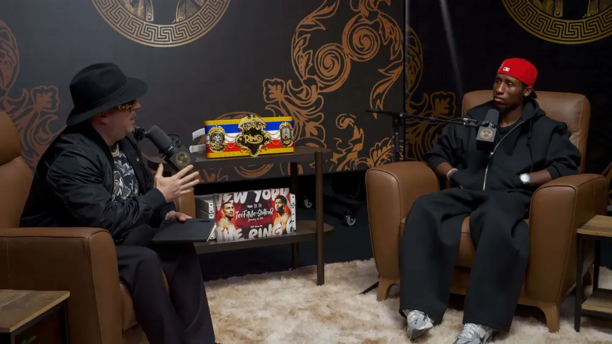 Mr Verzace Podcast boxing interview in leather chairs with custom backdrop at The Lounge Las Vegas