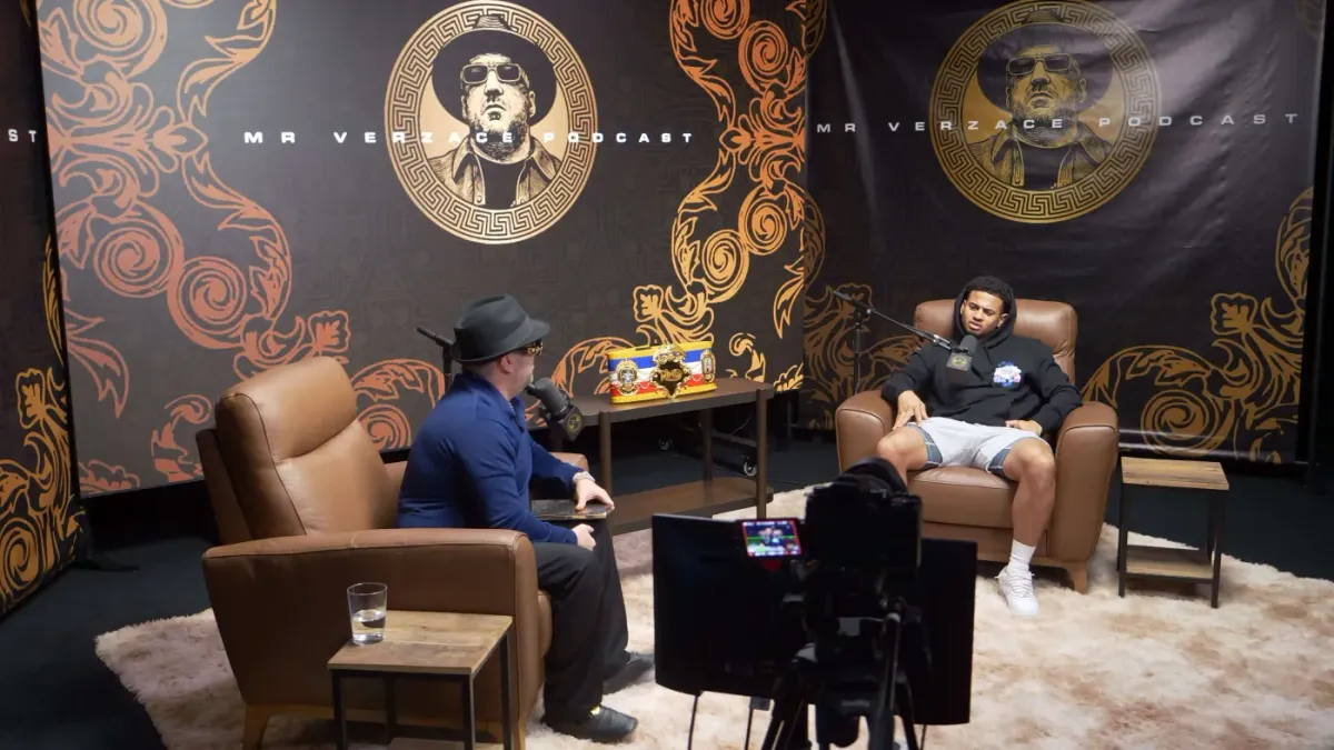 Mr Verzace Podcast interview at The Lounge with custom branded set build Sin City Podcast Studios Las Vegas