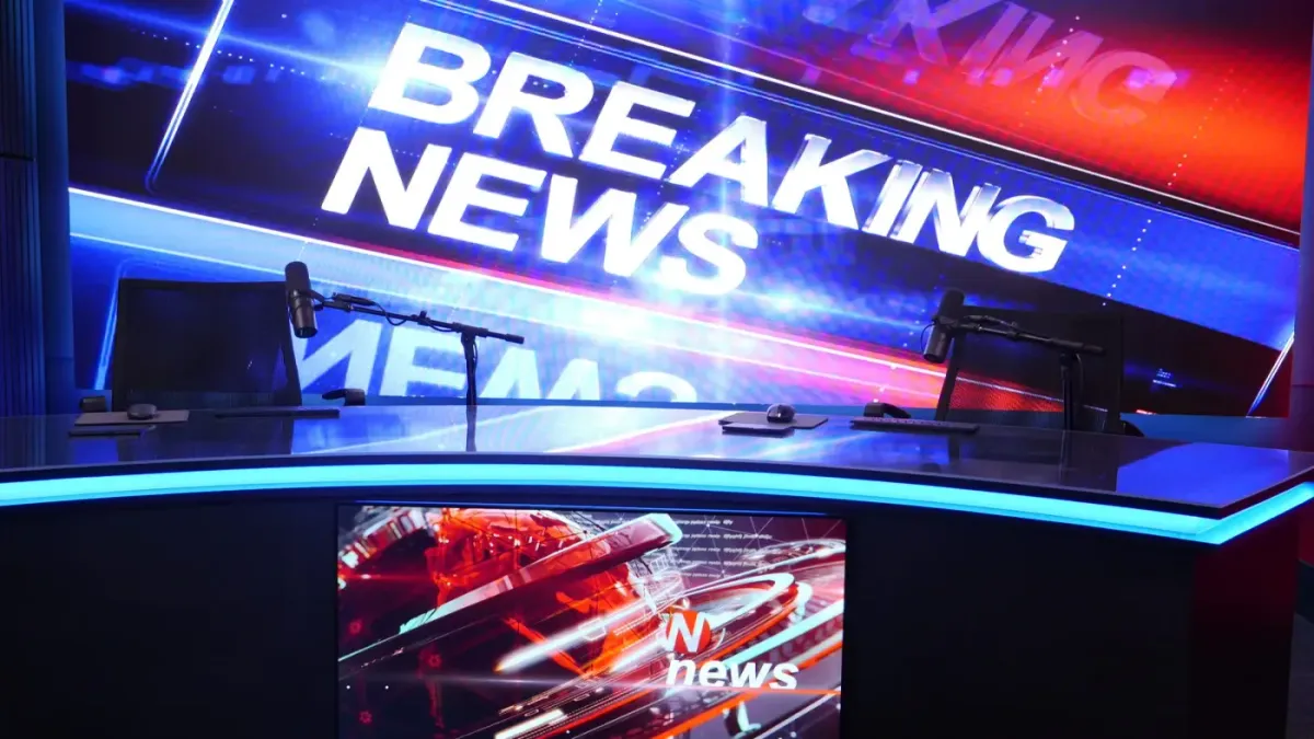 Studio 5 Breaking News LED wall full-display with anchor desk microphones Las Vegas