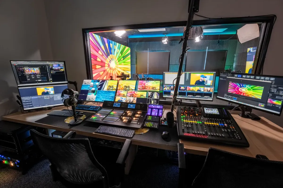 Studio 5 production control room with mixing board, monitors, and live broadcast setup Las Vegas