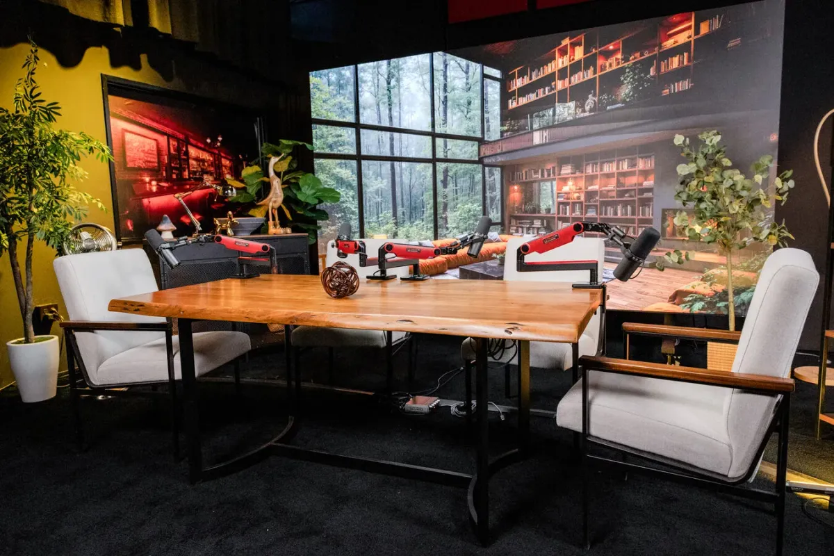 The Roundtable podcast studio recording table with professional microphones Las Vegas