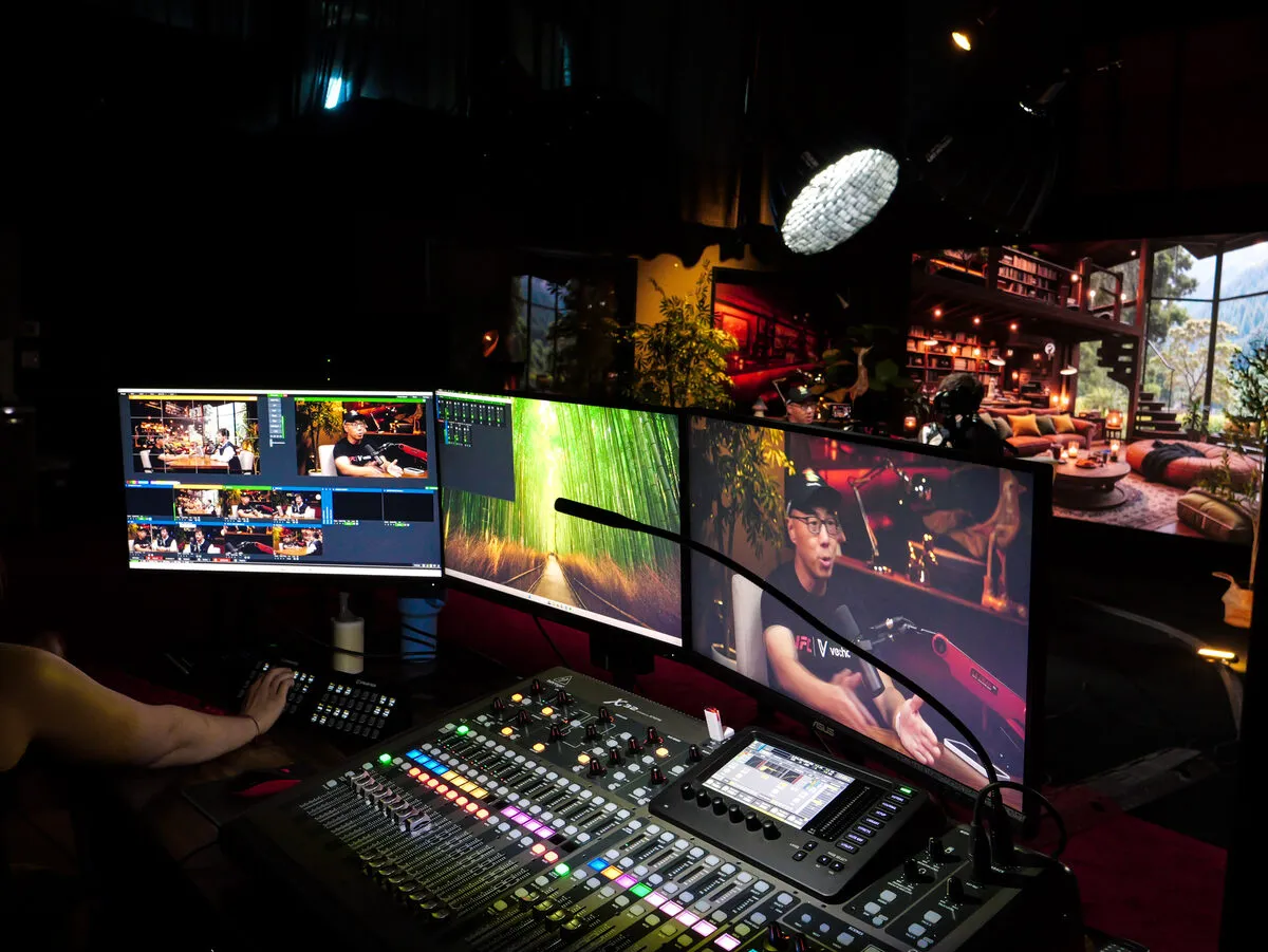 The Roundtable production mixing board and monitors Sin City Podcast Studios Las Vegas