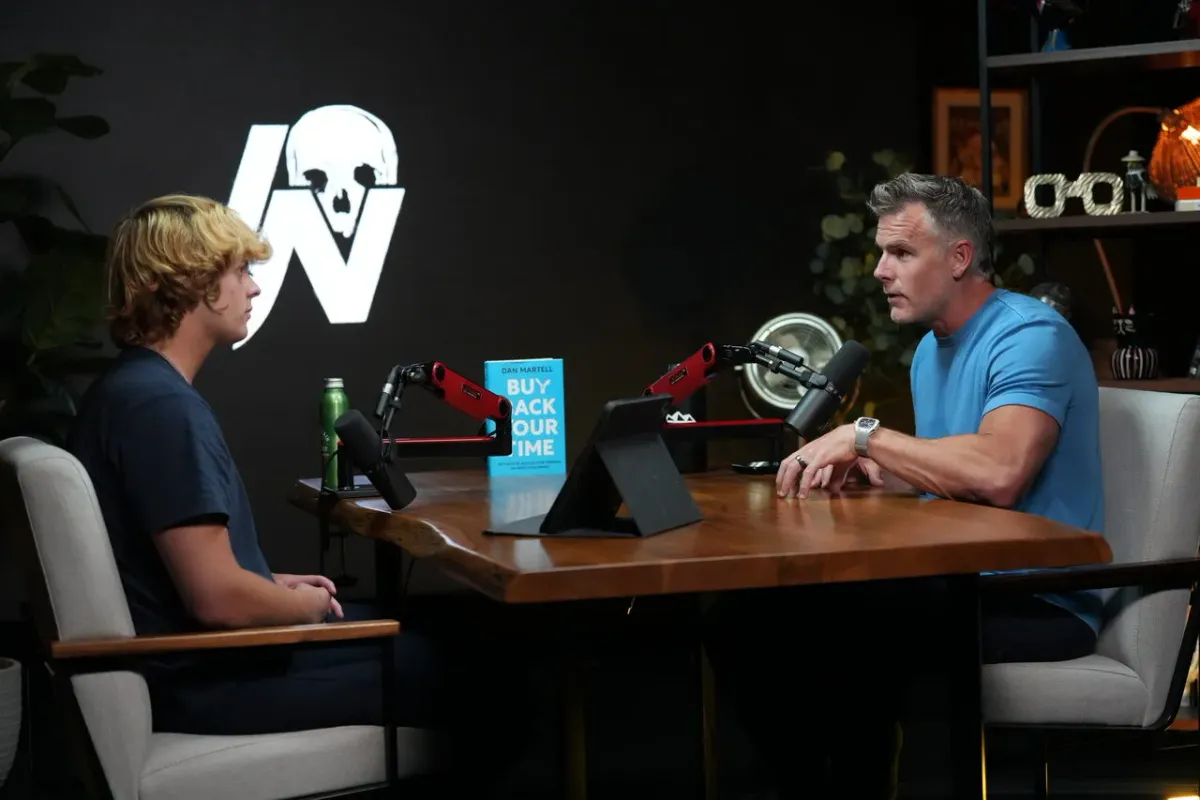 Podcast interview at The Roundtable with custom skull logo LED backdrop Las Vegas