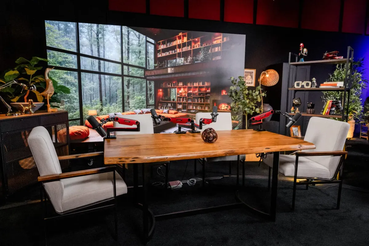 The Roundtable studio wide angle with LED wall backdrop and recording setup Las Vegas