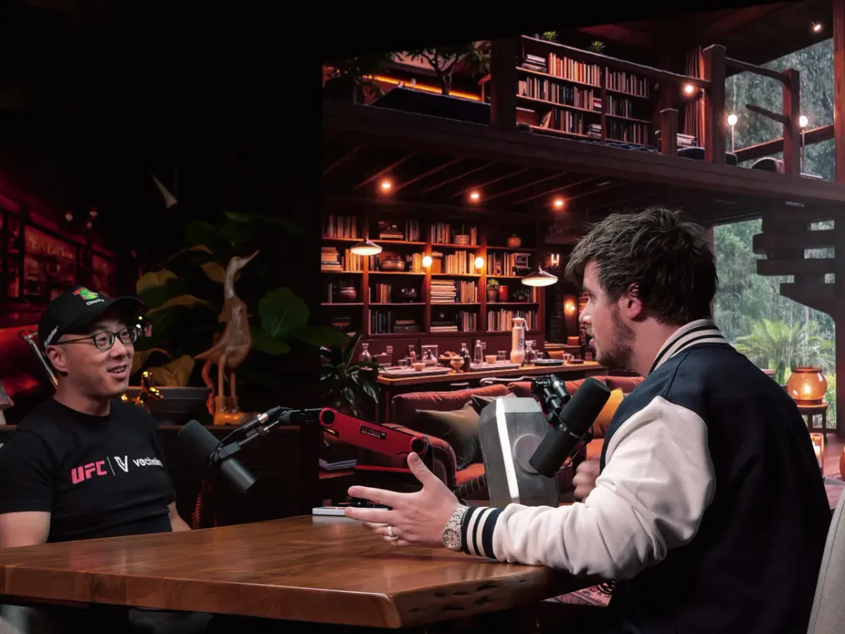 UFC podcast interview recorded at The Roundtable with library LED wall backdrop Las Vegas