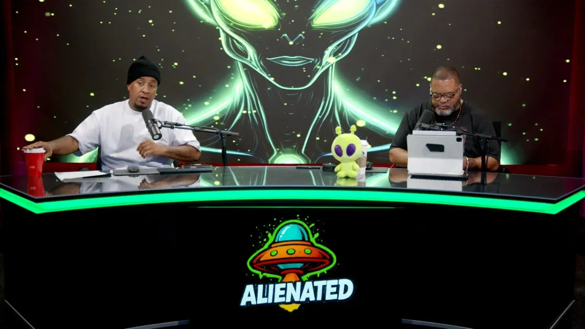 Alienated podcast recorded live at Studio 5 with custom alien LED wall display Las Vegas